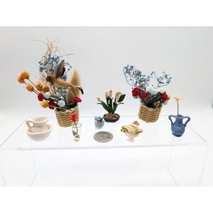 1:12 Miniature Dollhouse Floral Arrangement Lot Roses Sea Shell Planter Vase